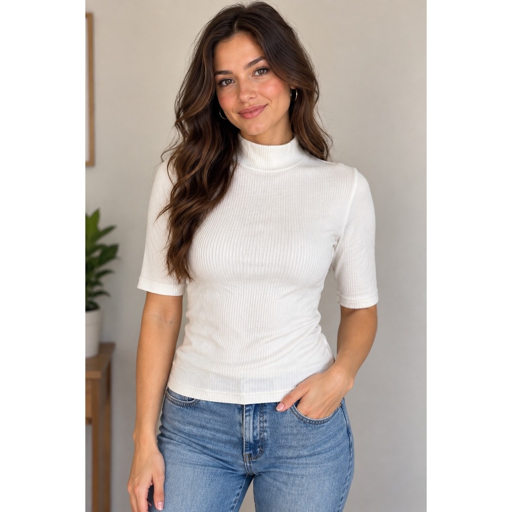 Elie Tahari Ivory Ribbed Mock Neck Top Women XS Modal Stretch 1/2 Sleeve